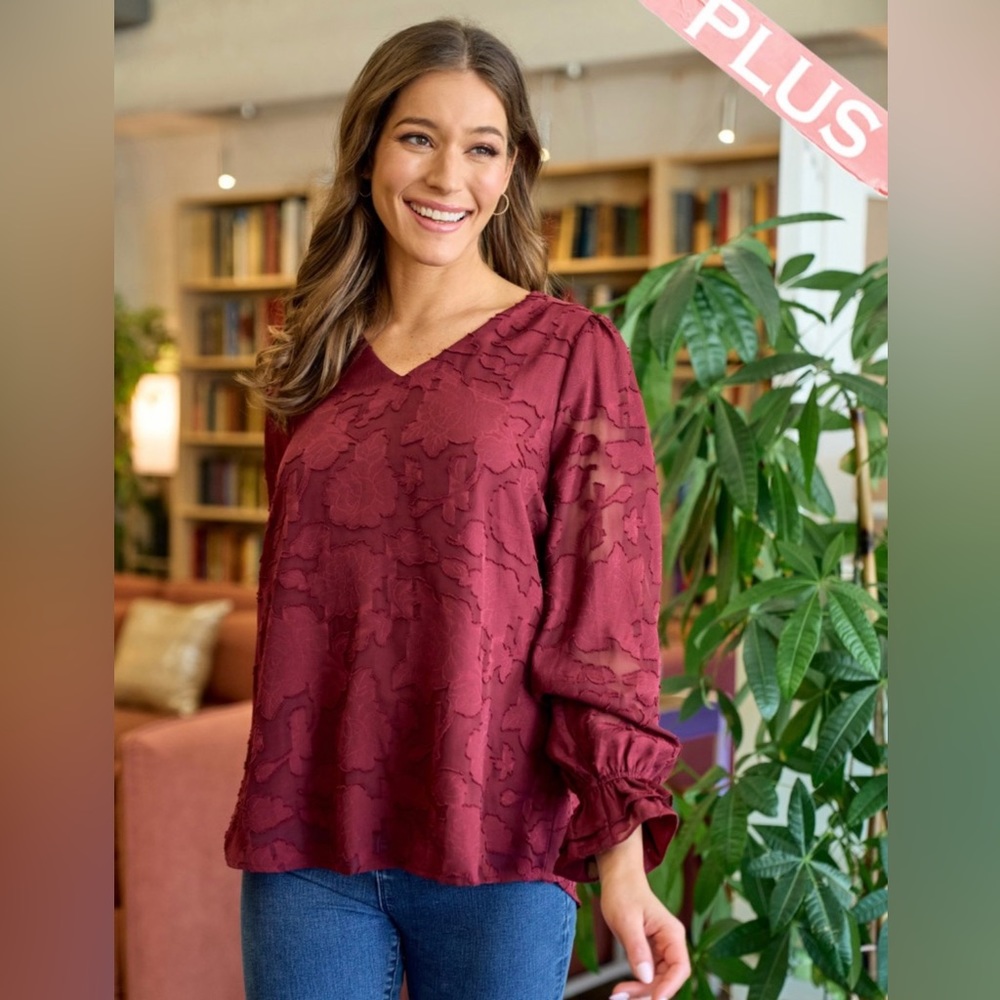 NEW WITH TAGS Hailey & Co Plus Burgundy Floral Vneck Top